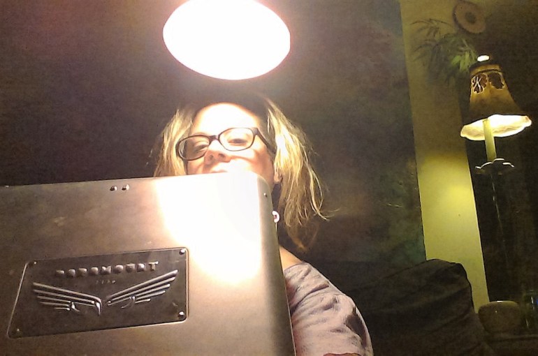 woman behind box