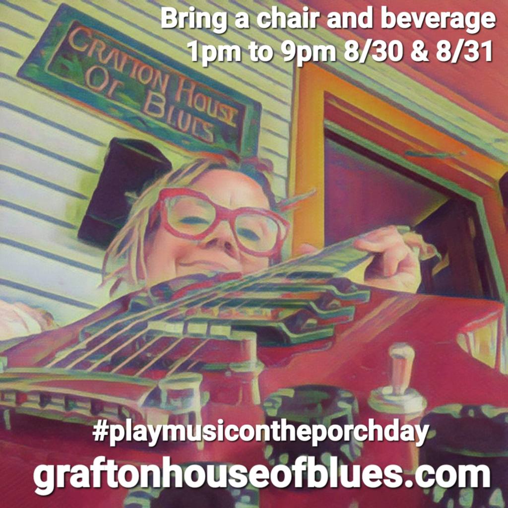 A woman smiling while holding a guitar, promoting an event at Grafton House of Blues with details about the date and time.
