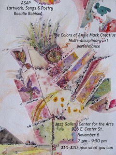 Promotional flyer for 'The Colors of Angie Mack Creative' multi-disciplinary art performance featuring artwork, songs, and poetry by Rosalie Robison, scheduled for November 6 at Jazz Gallery Center for the Arts.